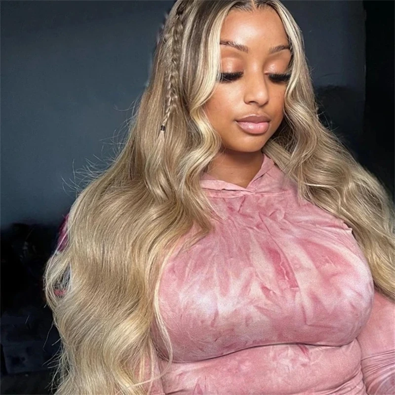 Ombre highlight Ash Blonde Body Wave transparan 13X6 Wig Frontal renda Wig rambut manusia preplack untuk wanita Wig depan renda penuh