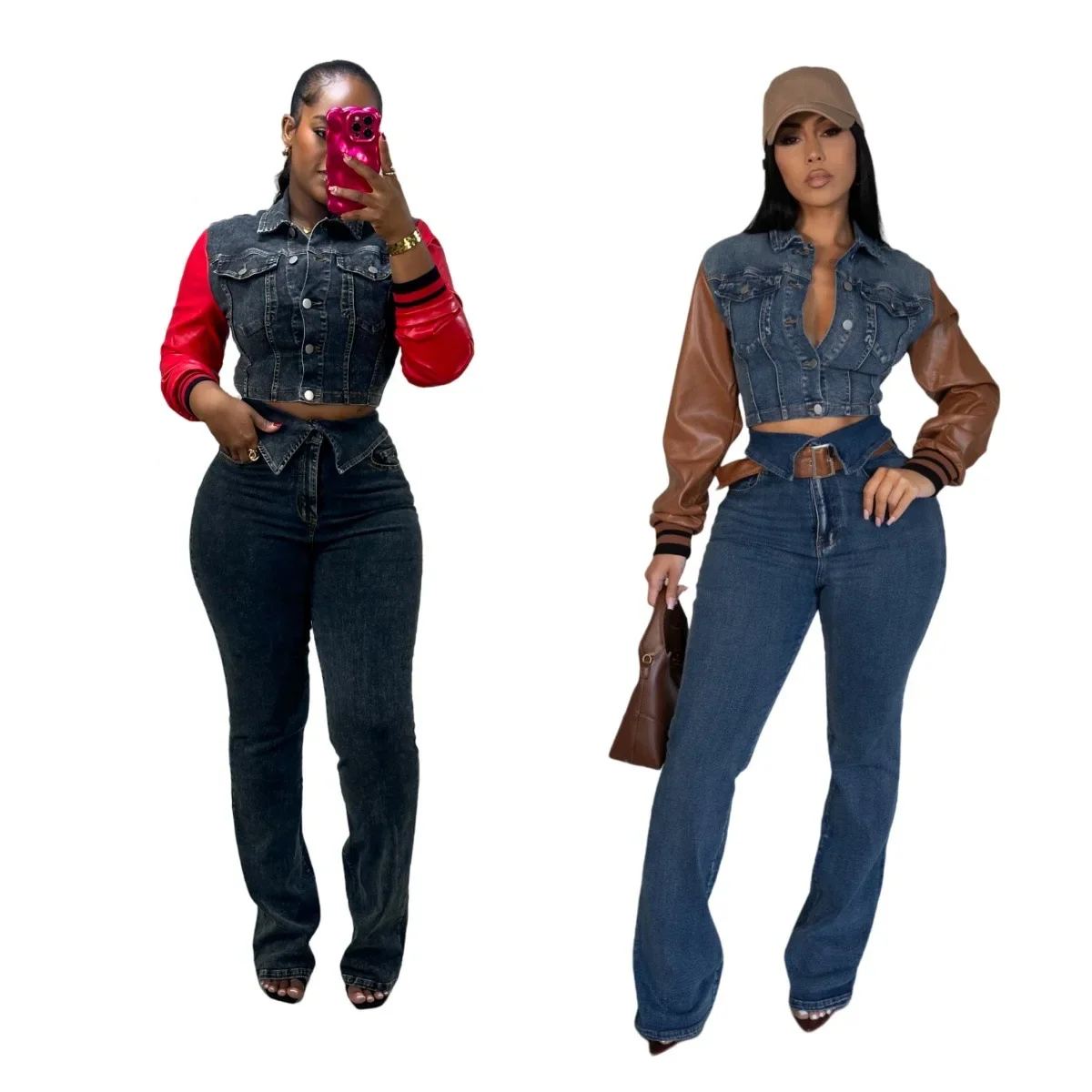 Casual PU Leather Patchwork Denim Two Pieces Set Spring Jean Long Sleeve Button Crop Top Coat Pants 2 Pieces Streetwear Y2K Suit