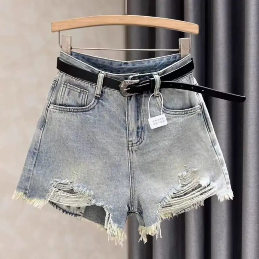 

Summer New Ripped Denim Shorts Women's Pants Mid-waist Denim Women's Thin Loose Shorts Burrs Women's Pants Traf Denim Short