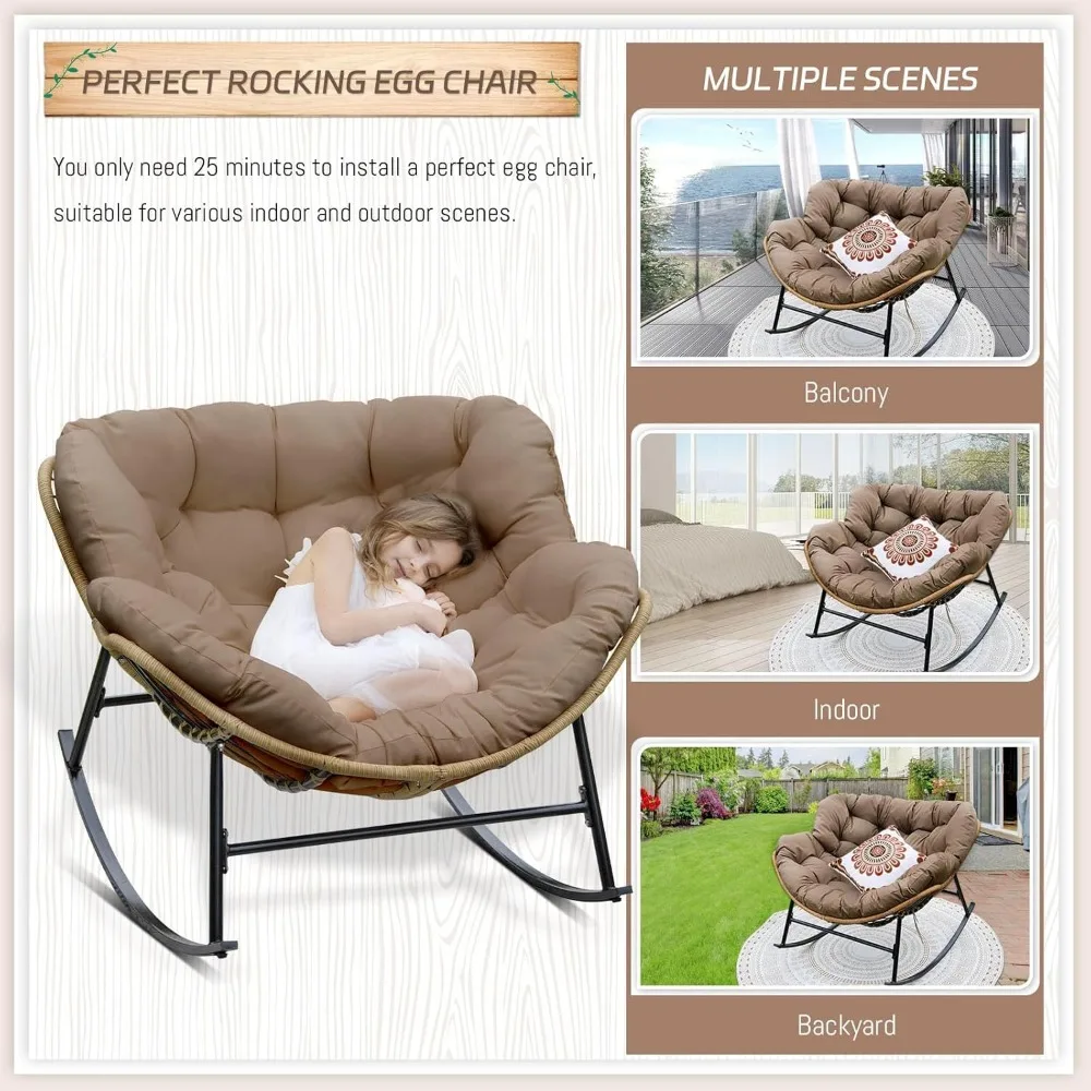 Outdoor Papasan Rocking Chair with Padded Cushion, Oversized PE Rattan Comfy Royal Rocking Lounge Chair, Comfy Patio Egg Chairs