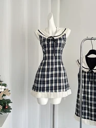 Summer Korean Vintage Mori Girl Preppy Prom Gown Mini Plaid Dress Women Cute Core Party Frocks Coquette Gyaru 2000s Aesthetic