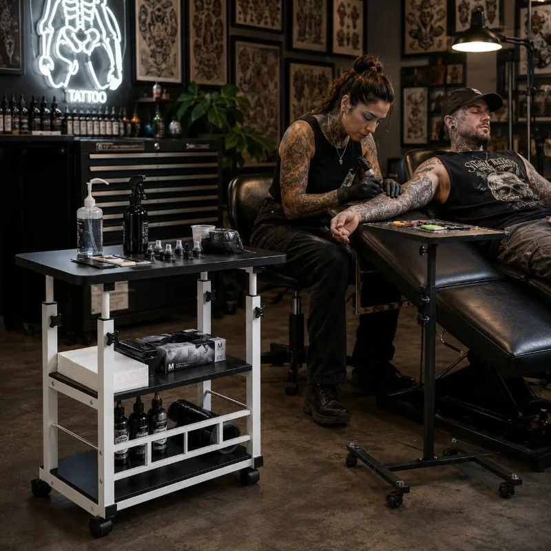 Office Furniture Height-Adjustable Mobile Tattoo Workbench With Wheels, Rollable Tattoo Table, Portable Tattoo Tray Rack With Storage Shelf, Lockable Casters, Heavy-Duty Metal Frame, Suitable For Tattoo Studios, Can Hold Ink, Tools,