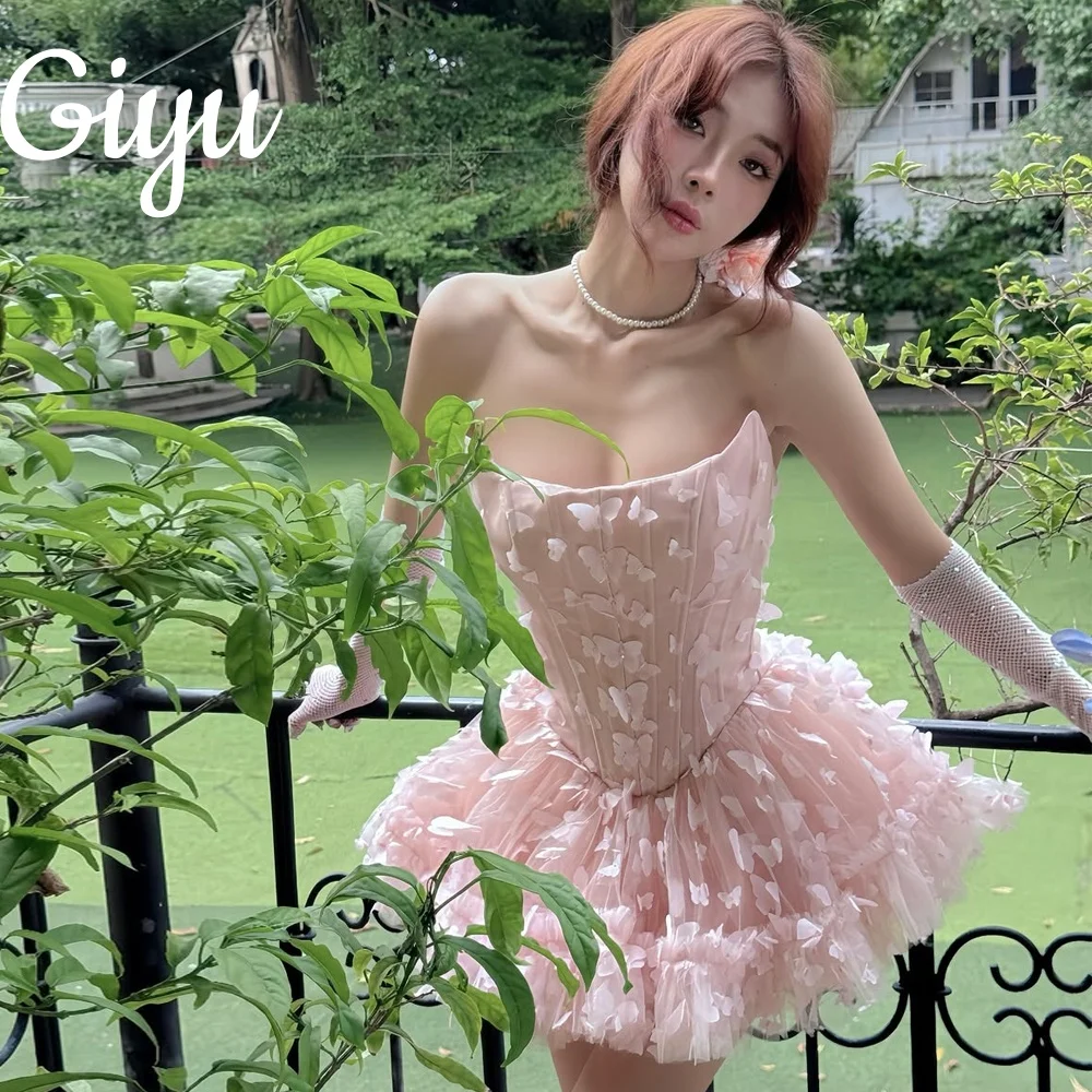 

Giyu Modern 2025 Pink Butterfly Lace Short Prom Dress New Boat Cocktail Birthday Party Dress Customized فساتين سهرة