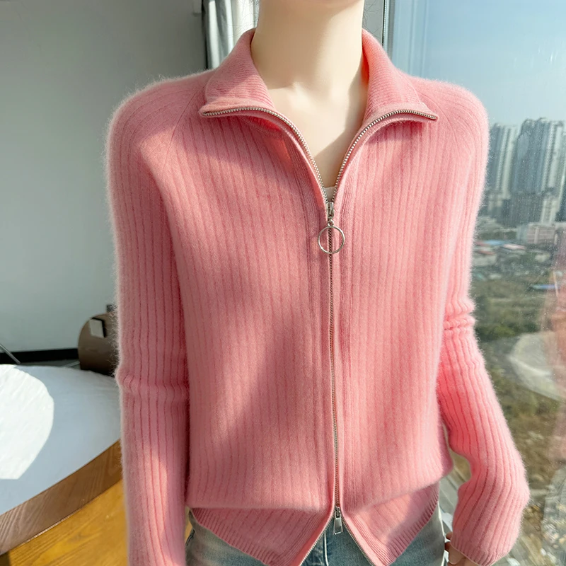 Autumn Winter New Cashmere Sweater Women's Knitted Stand Collar Cardigan Double Zipper Long Sleeved Tops 100% Merino Wool Jacket