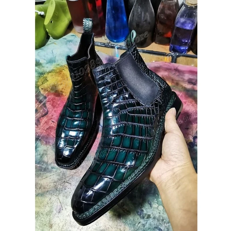 Botines con estampado de cocodrilo verde para hombre y Mujer, zapatos planos de punta cuadrada, de cuero sin cordones, a la moda, de alta calidad, 2023