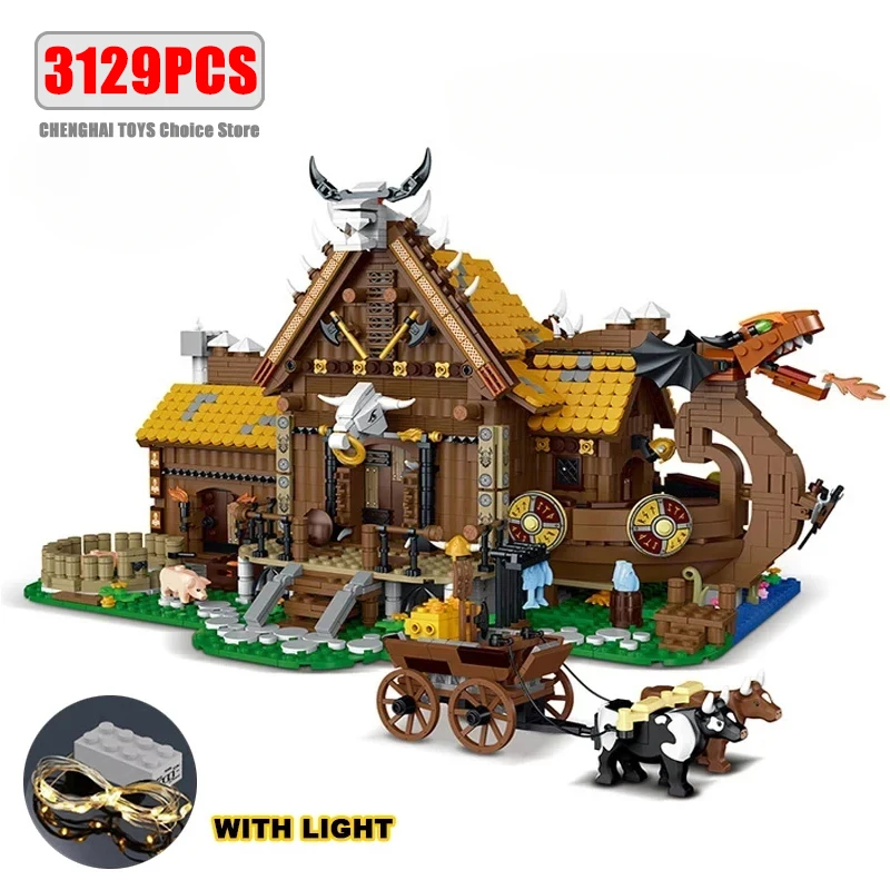3129PCS The Vikings House Bricks Toys Sets With Light Assembly Building Blocks Model Creative Street View Educational Toys Gifts