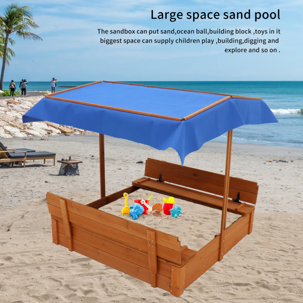 Wood Sandbox with Cover, Sand Box with 2 Bench Seats for Aged 3-8 Years Old, Sand Boxes for Backyard Garden, Sand Pit for Beach