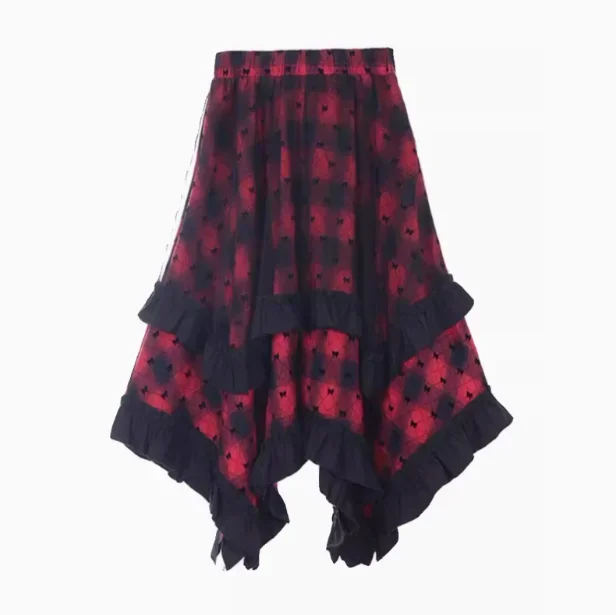 Ruibbit High-quality Gothic Red Plaid Skirt Irregular Half Skirt Lace Patchwork A-LINE Ball Gown Pleated Skirt Hotsweet Y2k