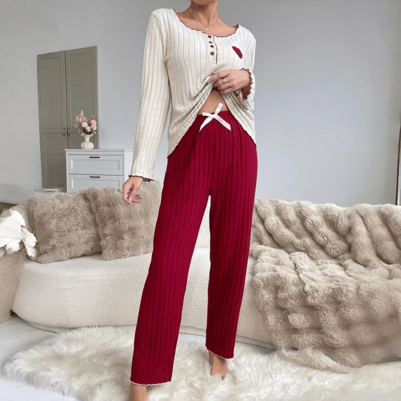 Women Pajama Set Lady Round Neck Button Autumn Winter Pajamas Girls Students Long Sleeve Long Pants Fleece Home Wear Pajamas Set