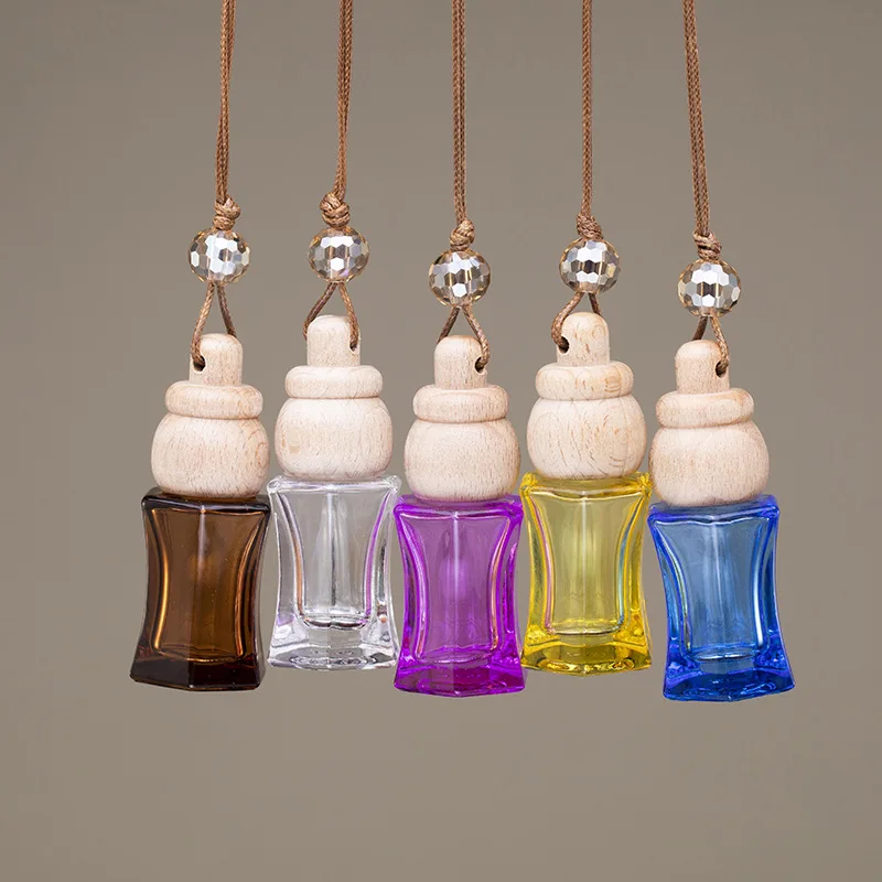 10/30 個新 10 ミリリットル空の車の香水瓶色ガラスエッセンシャルオイルボトル木製キャップ車のフレグランスペンダント装飾