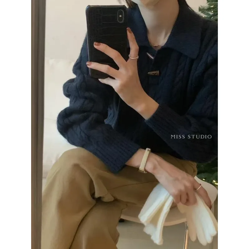 Французский новый стиль, простой пуловер в пригородном стиле, осень-зима, темпераментный свитер на пуговицах с поворотным рогом, корейская версия