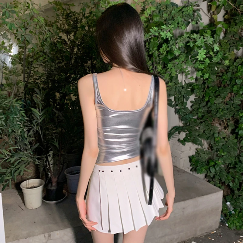 Woman Summer Silver Patch Slim Sexy Fashion Crop Top Sleeveless Camisole Top Silver One Size