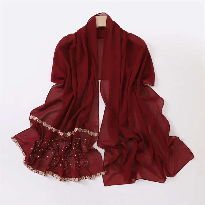 Hidżab z szyfonu z dżetami, w kropki, z motywem kwiatowym, z koralikami, szale, chusty, damska osłona przeciwsłoneczna, wiatroodporny chusta na głowę na zewnątrz.