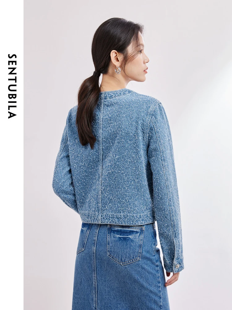 SENTUBILA Women Blue Cropped Denim Jacket Female Outerwear 2024 Spring Autumn Pocket Round Neck Long Sleeve Denim Coat W41W53692