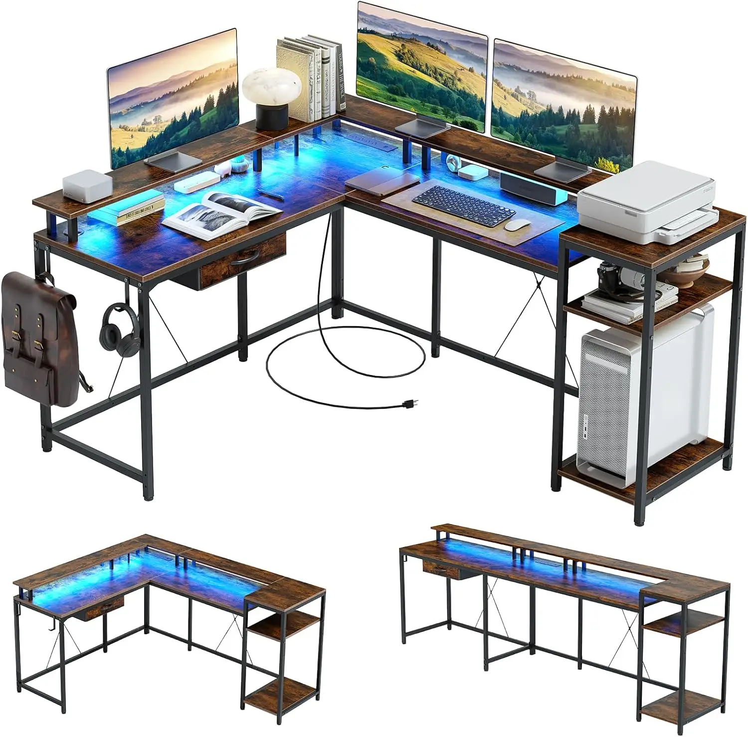 

L Shaped Gaming Desk,68 Computer Desk with Power Outlets & LED Lights, Home Office Table with File Drawer, Corner Table w