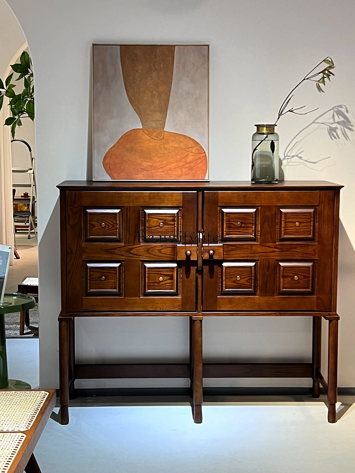 

Medieval all-solid wood dining side cabinet solid wood storage ash wood teak color porch cabinet