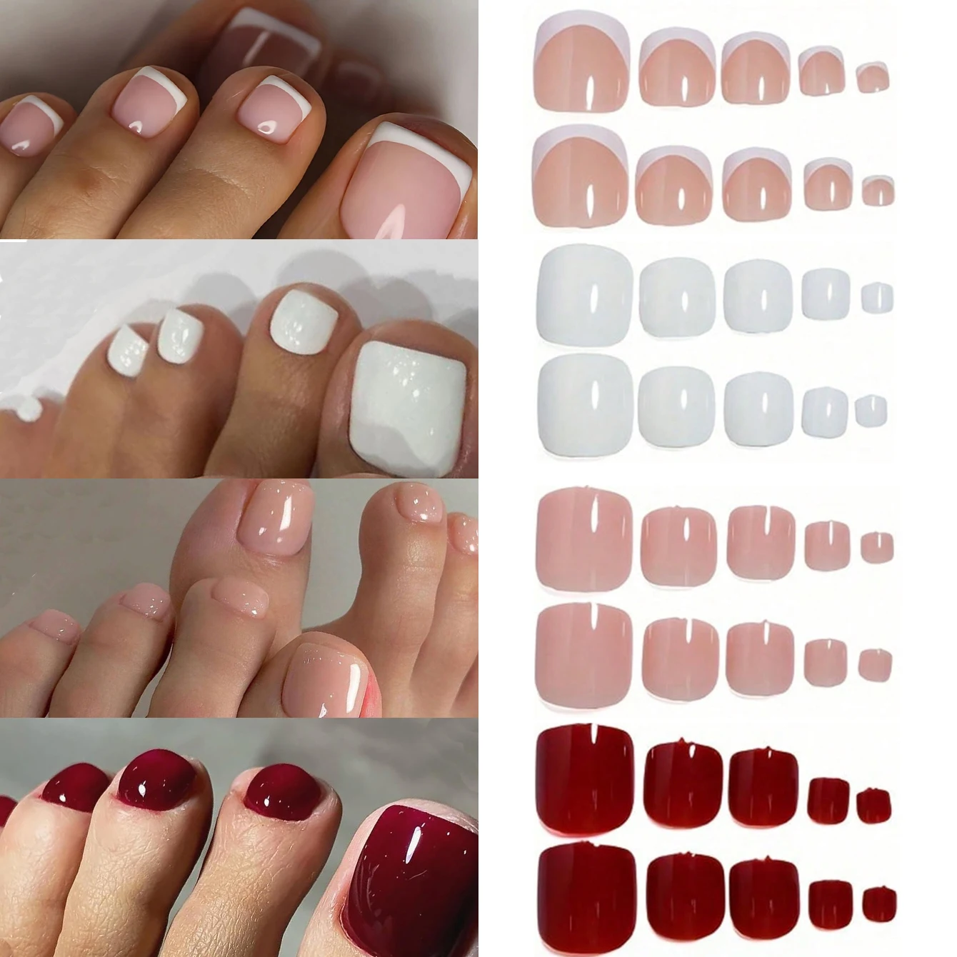 

96 шт./4 компл. - разноцветные накладные ногти на ногах, натуральные - однотонные квадратные накладные ногти на ногах, короткие, глянцевые накладные ногти на ногах