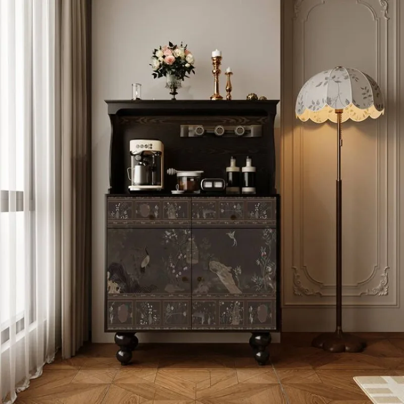 Chinese wind flower bird solid wood dining side cabinet, cupboard against the wall integrated French coffee side cabinet