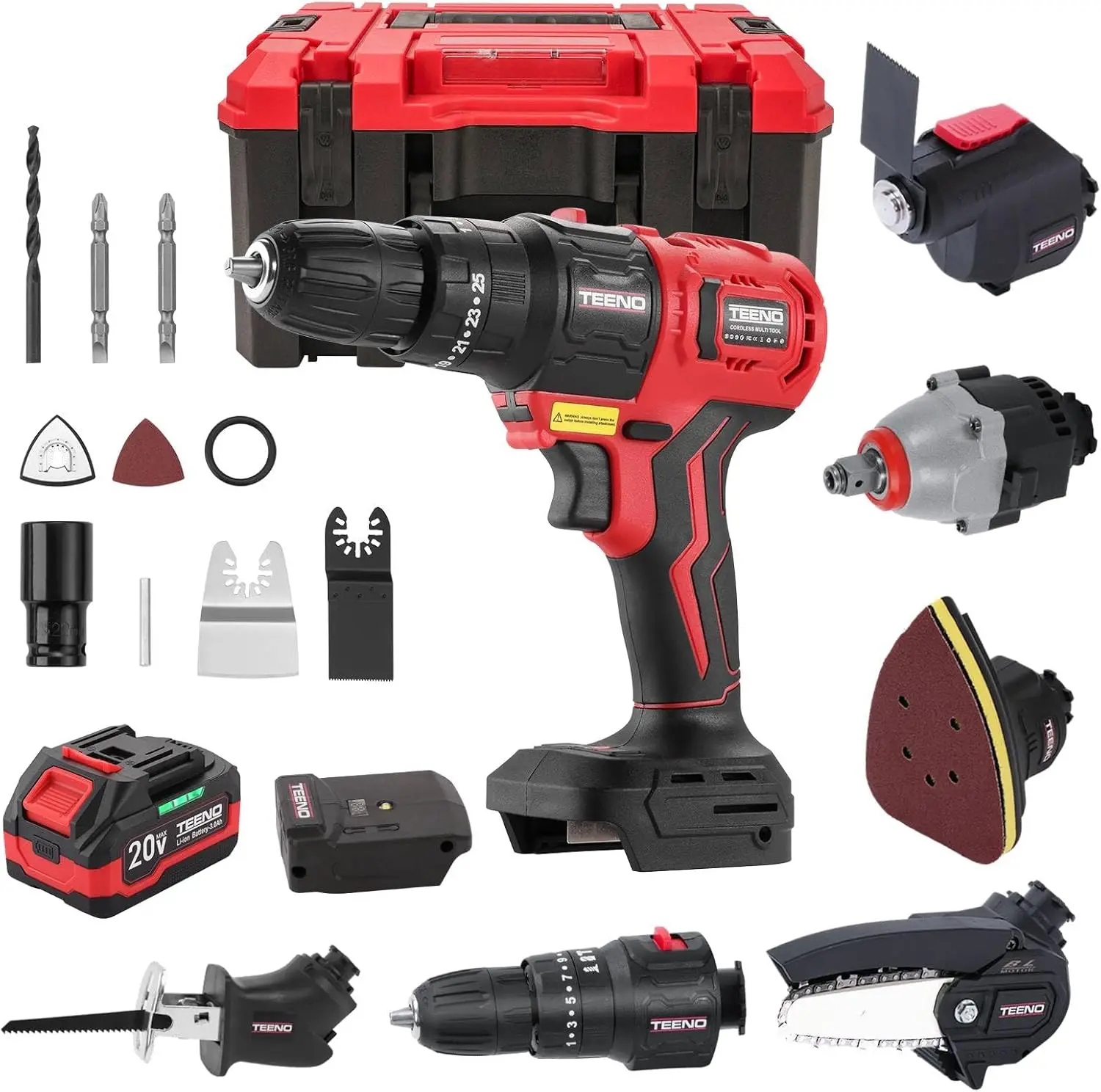 

Cordless Combo Kit 20V, 8-in-1 Cordless Multi-tool with Case, Drill, Recip saw, Chain Saw, Impact wrench, Oscillating Tool, Sand