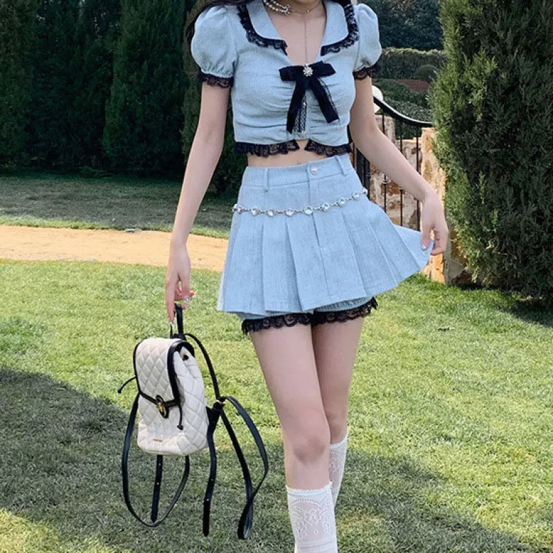 Korea Summer Sweet Two Piece Mini Skirts Sets Kawaii Lolita Peter Pan Collar Bow Crop Top + Mini Skirt Suit Blue Outfit Outwear