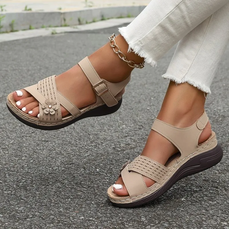 Retro-Blumen-Plateau-Sandalen für Damen, Übergröße, Knöchelschnalle, Keilsandalen, bequem, rutschfest, orthopädisch, Sandalias Mujer