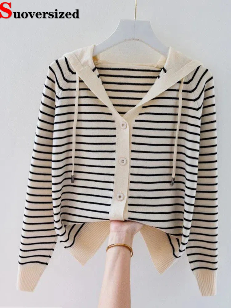 Stripe Hooded Oversized Knitted Cardigan Elegant Spring Fall Women Tops New Loose Knitewear Sweatershirt Korean Fashion Sweater