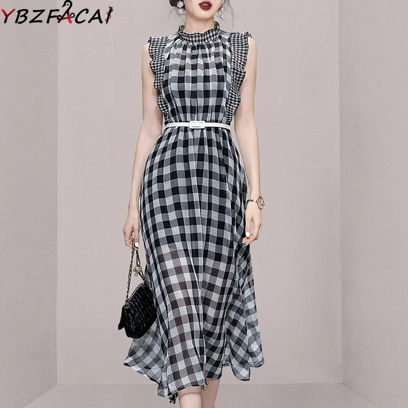 Imagem -03 - para Mulheres do Verão Elegante Simples Cintura Fina Chiffon Vestido Francês Retro Plissado Longo Balanço sem Mangas Preto Branco Vestido de Verificação 2023