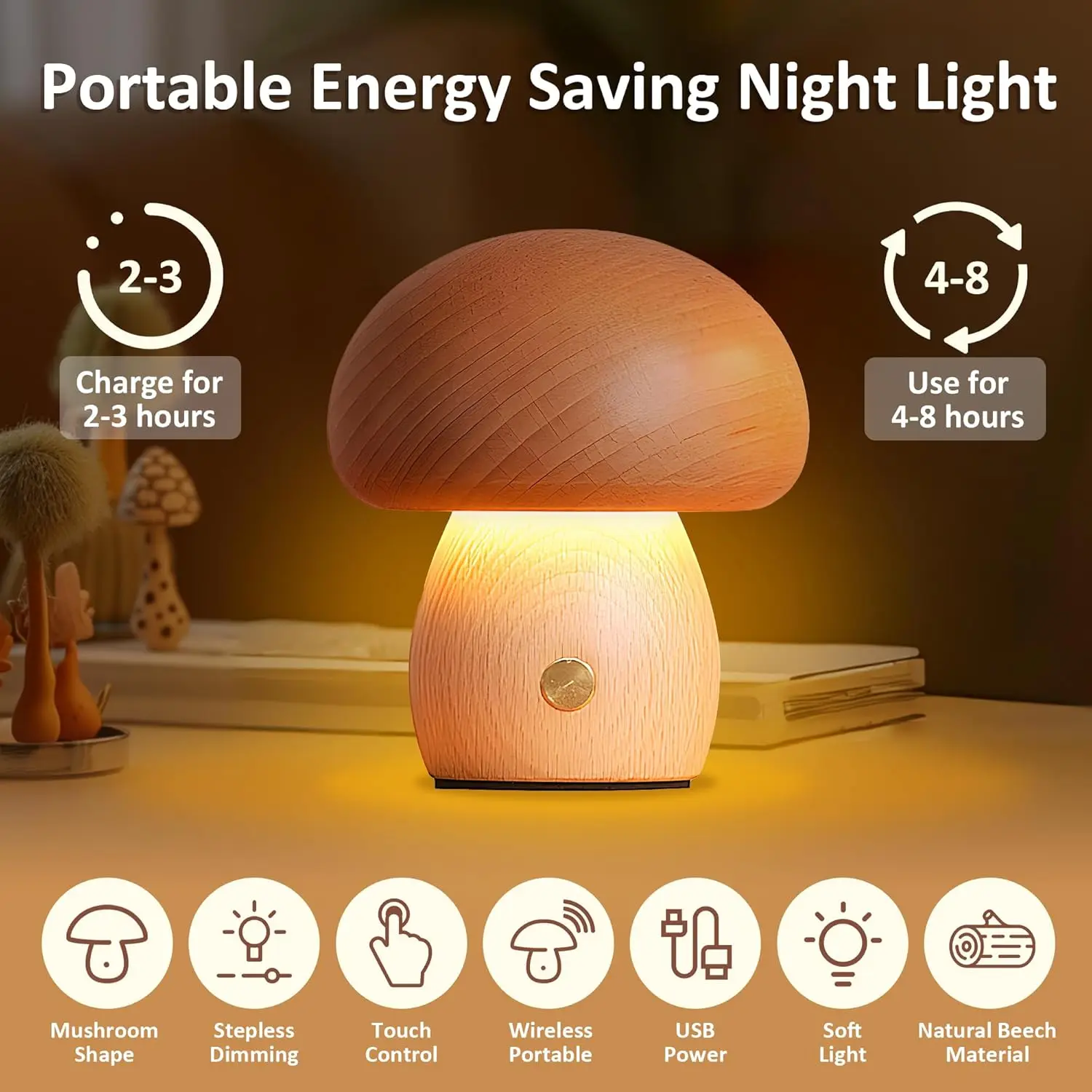 Mushroom LED Night Light Dimmable Wooden Bedroom Bedside Table Lamp with Touch Switch Room Decoration Lighting Chargeable
