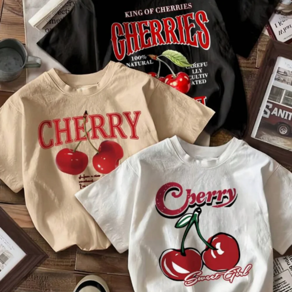 1 تي شيرت كاجوال مطبوع برقبة دائرية وأكمام قصيرة للفتيات الصغيرات، أوراق خضراء لطيفة وتي شيرت كرز حيوي #1