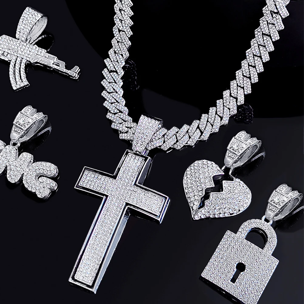 

14mm Rhombus Cuban Link Chain Iced Out Heart Cross Pendant Necklace for Women Men Hip Hop Cuban Chain Necklaces Jewelry Gifts
