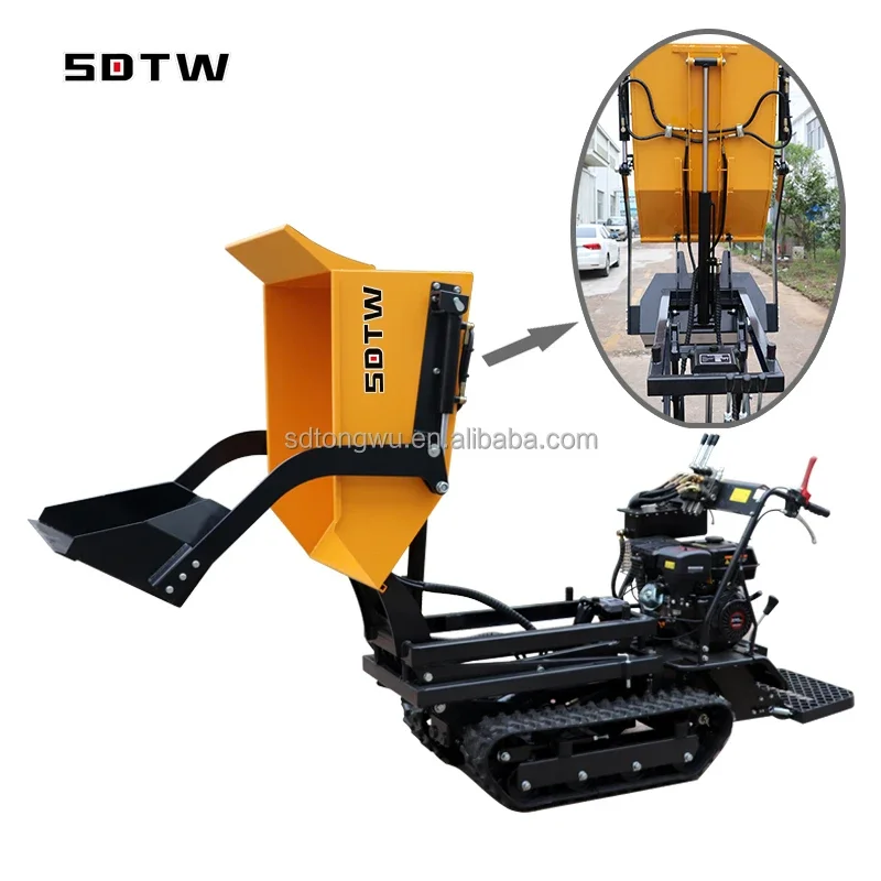 New 1Ton Mini Crawler High Tip Lifting Motocarriola Dumper 500kg 700kg Rubber Track Transporter Dumper for Hot Sale