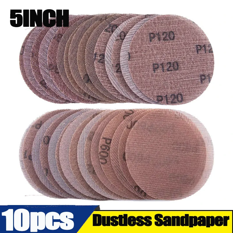 

10PCS 5Inch Sanding Discs 80-600 Grit Mesh Abrasive Dustless Sandpaper Assortment for Car Woodworking - Hook