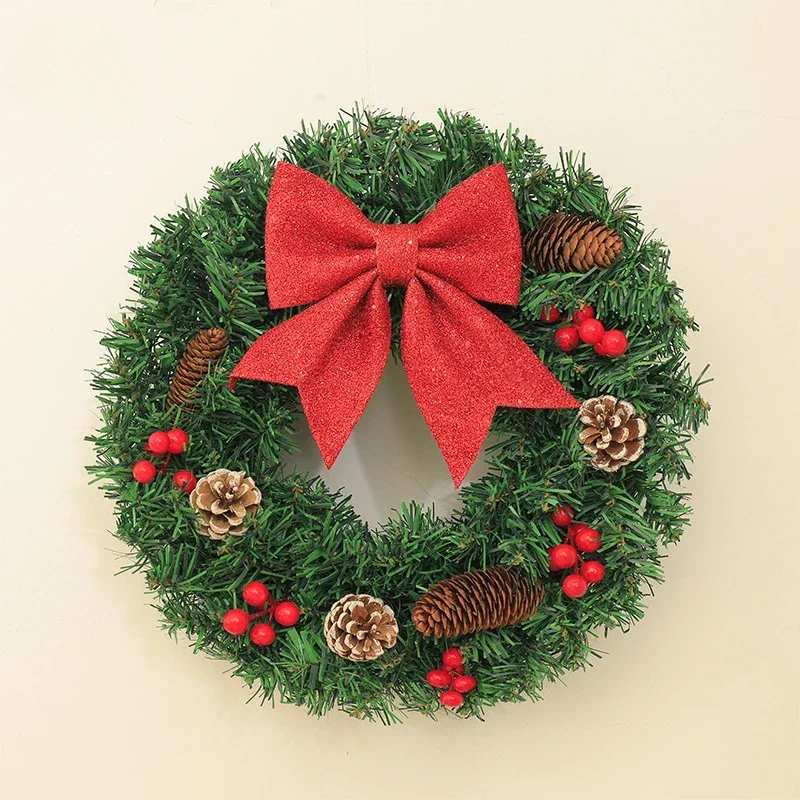 Christmas Festive Plastic Wreath  Artificial Green Hanging Decor Garland Berry Spruce with Red Ribbon Bow New Year Decorations