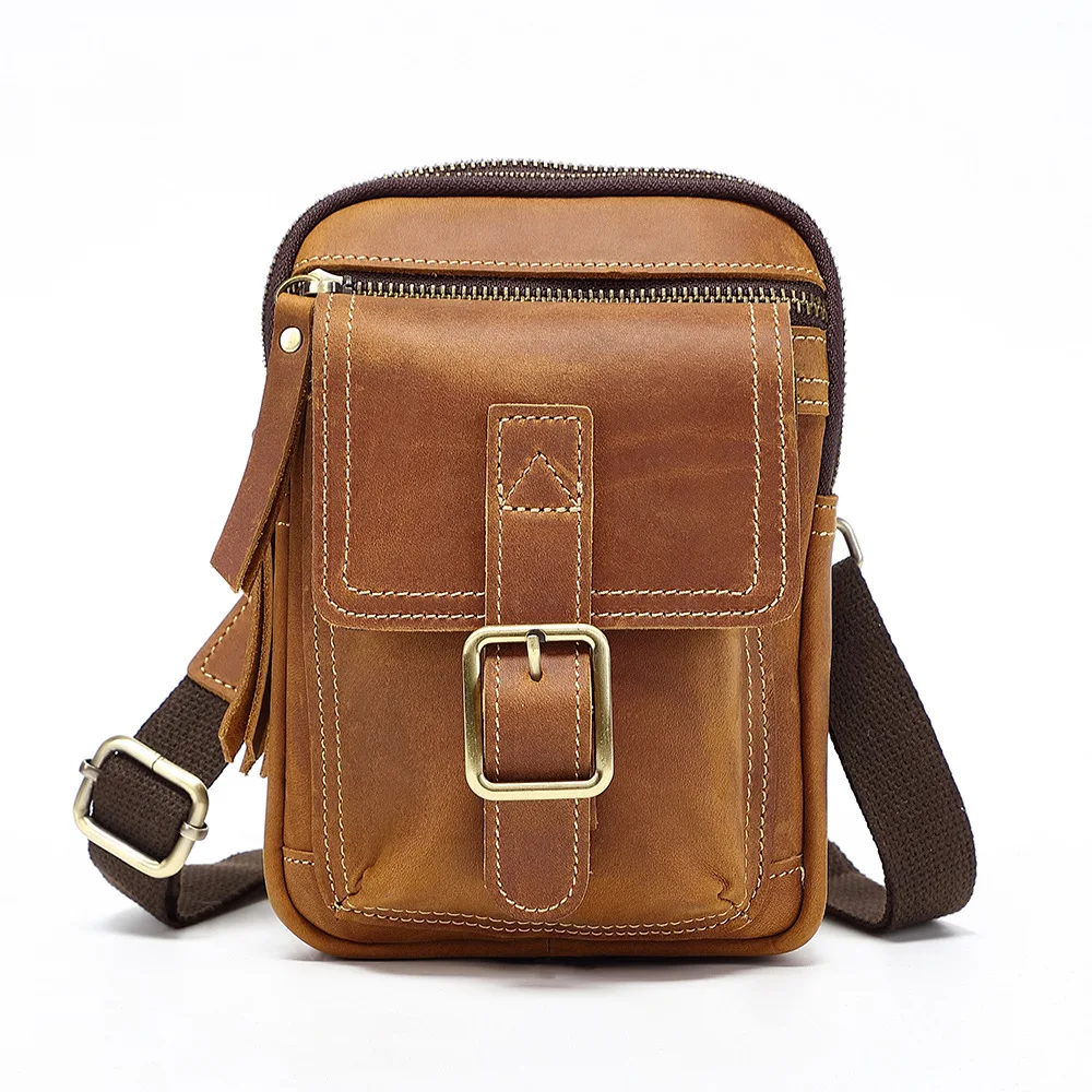 Top Layer Cowhide Men\'s Small Bag Cellhone Bag Multifunctional Leather Bag Single Shoulder Crossbody Belt Leather Waist Bag