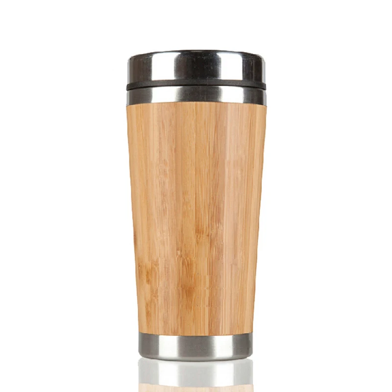 UPORS 450ml Bamboo Coffee Cup Stainless Steel Coffee Mug with Leak Proof Lid Travel Reusable Wooden Mug Insulated Coffee Tumbler