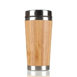 UPORS 450ml Bamboo Coffee Cup Stainless Steel Coffee Mug with Leak Proof Lid Travel Reusable Wooden Mug Insulated Coffee Tumbler