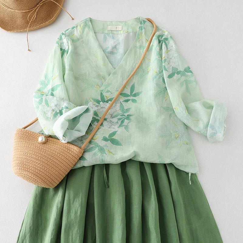 

New Chinese Sle een irt Top Women's Song Dynas Hanfu Two-Piece Set with f Skirt Loose Fit Cotton V-Ne Long Sve