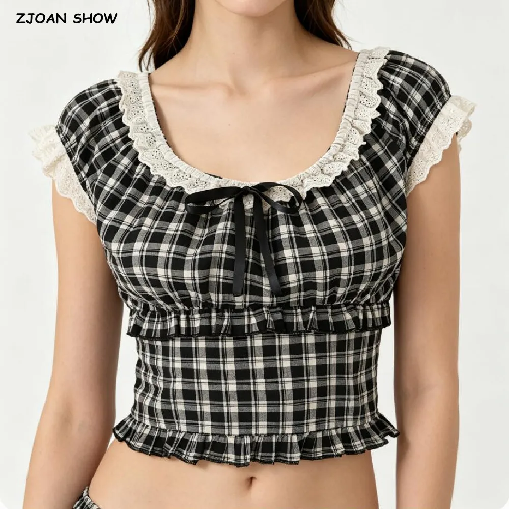 2026 Summer Women Plaid Spliced Lace Bow O Collar Elastic Strap Tank Top Slim Corset Wood ears Slim Waist Elastic Back Crop Vest