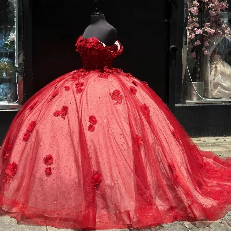 

Customized Red Sweet 16 Dresses Qinceanera Off Shoulder Handmade Flower Lace Up Ball Gown Party Prom Dress Vestido De 14 VX Anos