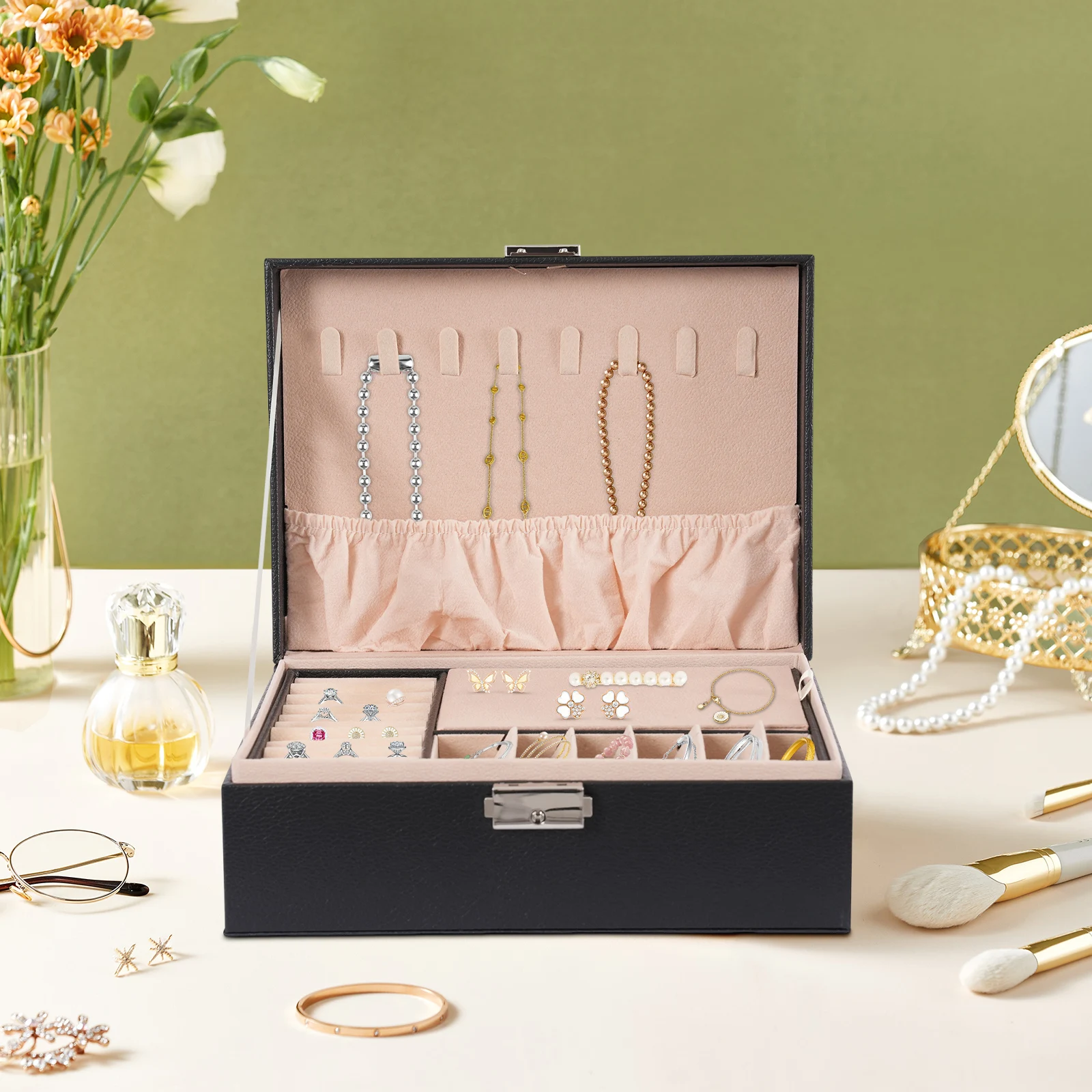2-lagige abschließbare Schmuckaufbewahrungsbox mit herausnehmbaren Trennwänden, Schreibtisch-Organizer für Ringe, Ohrringe, Armbänder, Halsketten, Broschen, für den täglichen Schmuckaufbewahrungszweck auf dem Schminktisch zu Hause. – Detail 9