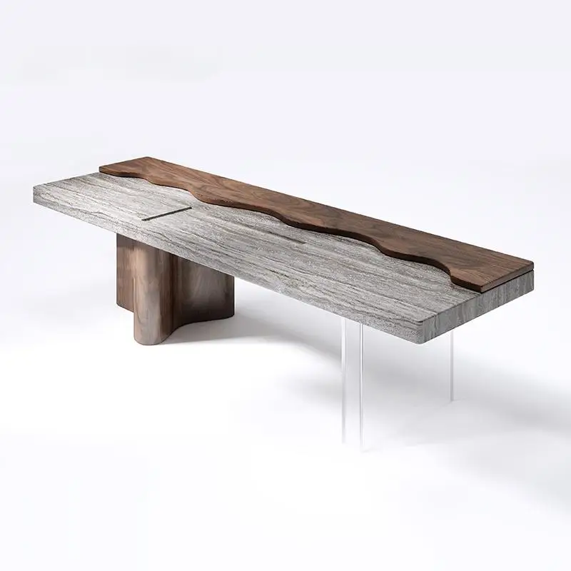 

"Handcrafted Floating Tea Table - Luxury Natural Marble Tea Tray with Walnut Base, Organic Texture Modern Design"