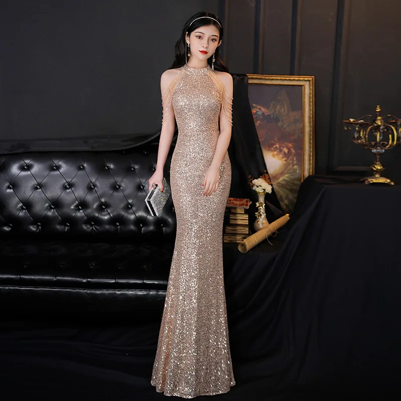 

Golden Evening For Women New Light Luxury Niche High-end Host Elegant Socialite Gorgeous Wedding Party Dress Vestido De Festa