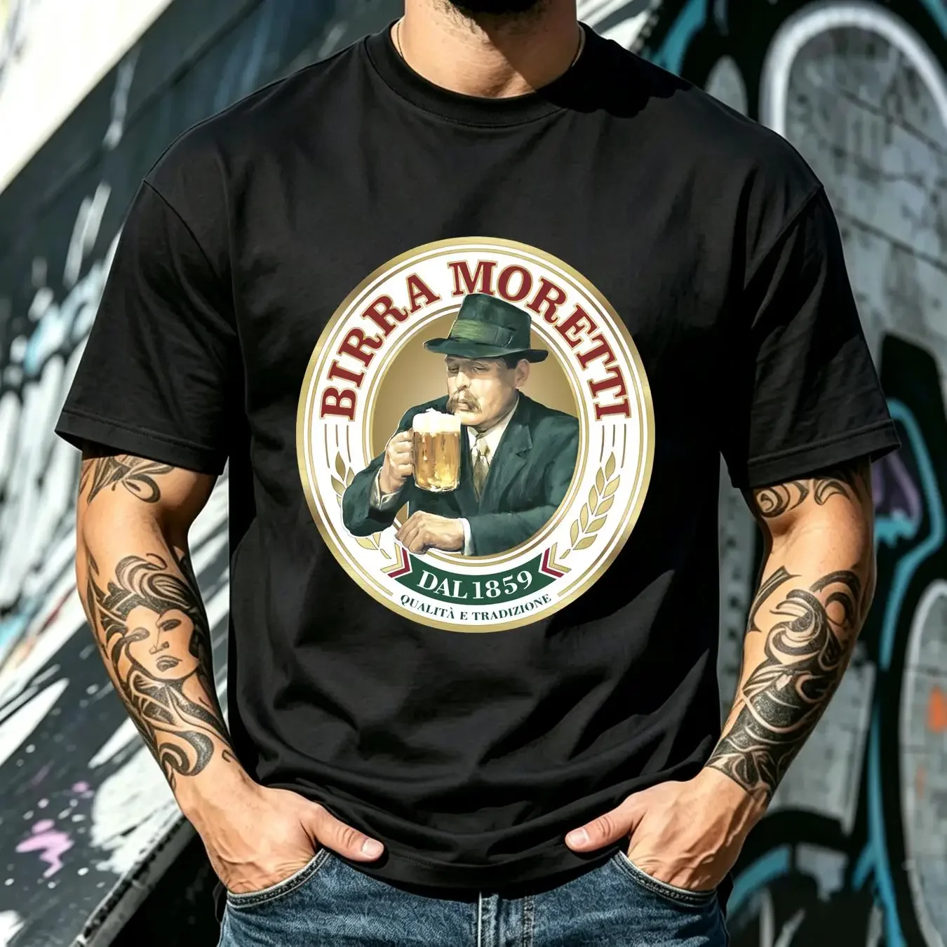 washed T Shirt Chic Birra Moretti Logo long or short sleeves vintage Washed Stylish graphic fashion Top For Everyday Wear