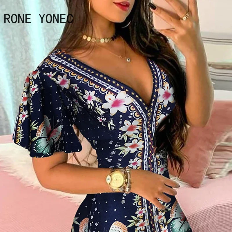 Women Elegant Dress Floral Butterfly Print Ruffles Bodycon Casual Mini Vacation Dress 2021