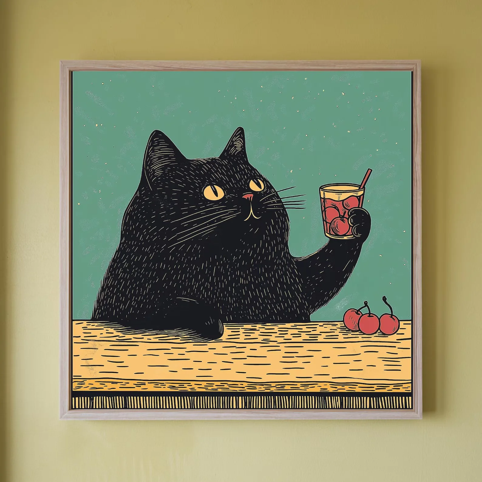 Schwarze Katze, Cocktail-Kaffee-Wandkunst – Retro-Katzen-Küchendekoration – lustiges Barwagen-Kaffee-Poster, schrulliges Katzendruck-Geschenk für Katzenliebhaber