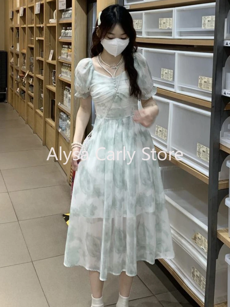 Casual Elegant Long Floral Dress Women Puff Sleeve Vintage Korean Fairy Dress Female 2024 Summer Beach Vacation Party Dress Chic