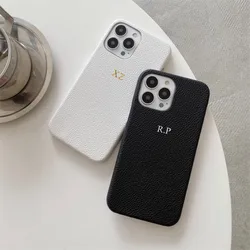 Customized Initial Gold Letters Pebble Grain Leather Cases For iphone 13 14 15 16 Pro Max 12 11 Pro Max X XS XR 7 8 14 PlusCover