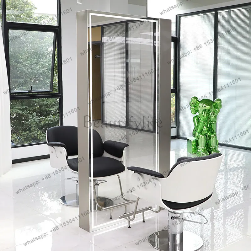 Hair Salon Fashion Barber Mirror Hair Salon Special Single Double Sided Stainless Steel Floor Cutting Mirror with Light