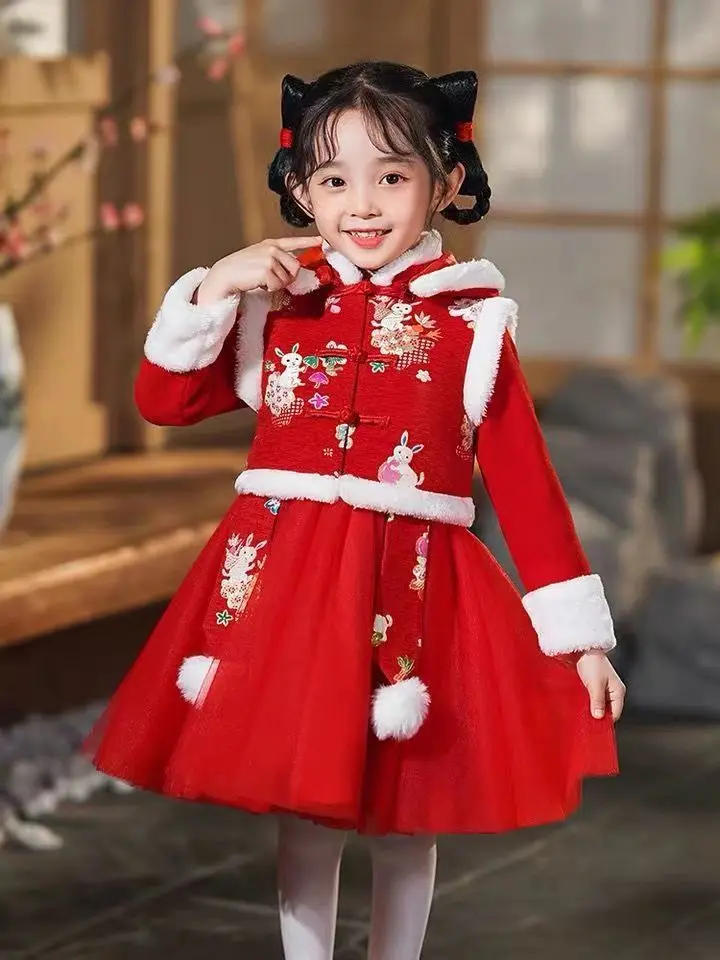 New red Chinese New Year clothes women\'s Hanfu winter clothes children\'s Tang suit baby plus velvet padded dress Christmas dress