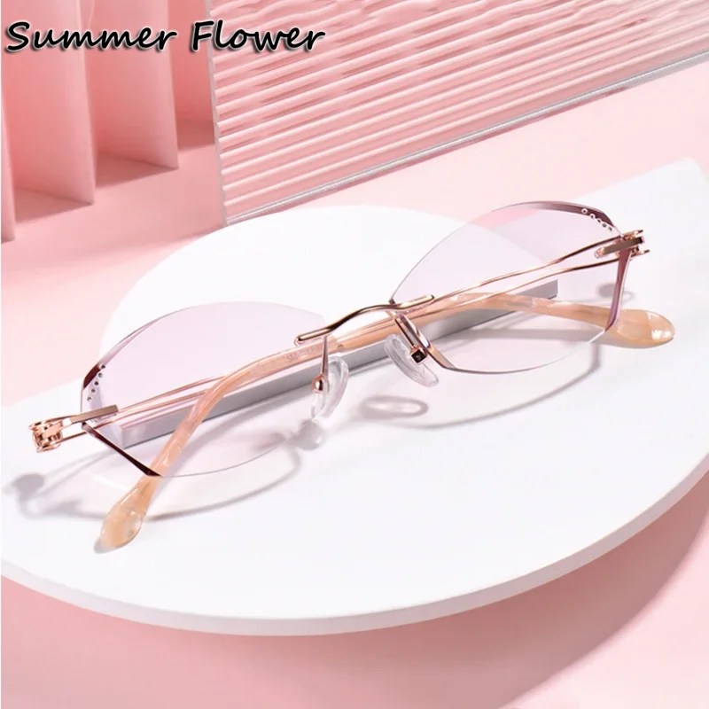 

Women Rimless Eyeglass Titanium Colored Tint Gradient Color Elegant Prescription Glasses Lady Optical Frameless Gafas